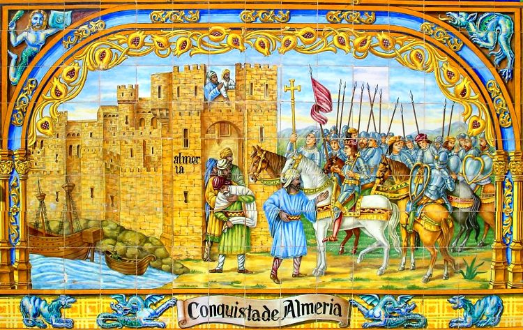 Mosaico de toma de Almería en Plaza de España de Sevilla, inspirado en relieve en coro de la sillería de la Catedral de Toledo